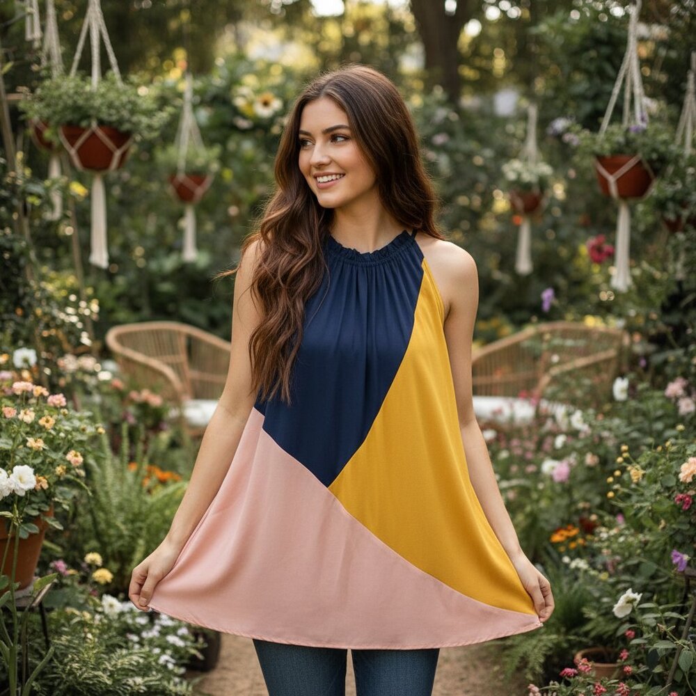 NEW Loft MP Blue Pink Yellow Tank Top Halter Flowy‎ Boho Coastal Casual Fairy